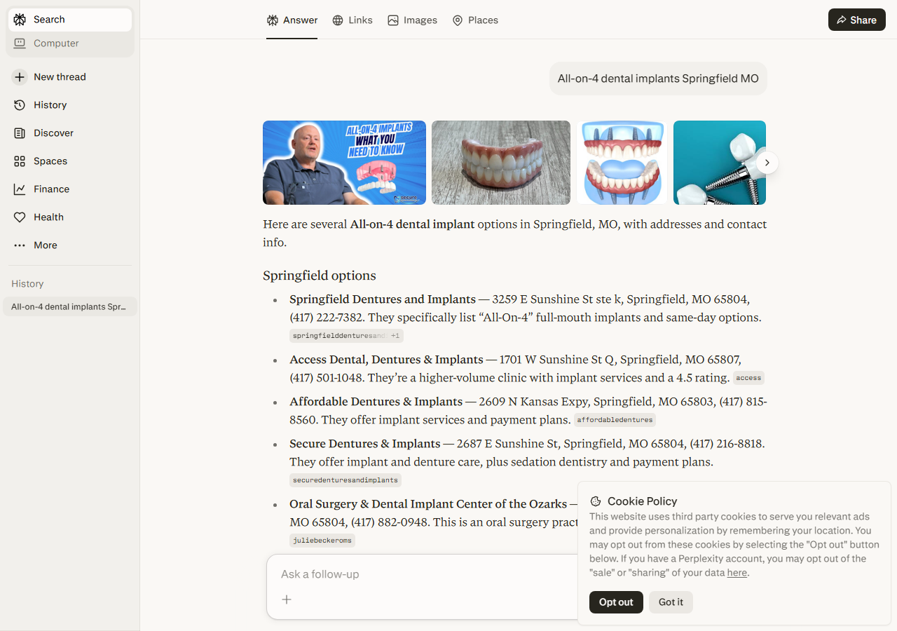 Perplexity results for All-on-4 dental implants Springfield MO