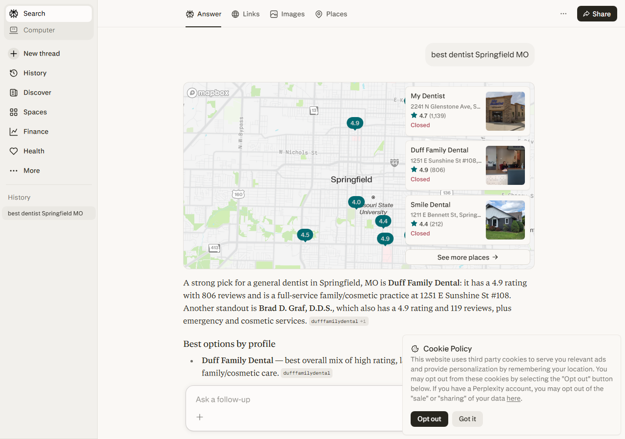 Perplexity results for best dentist Springfield MO