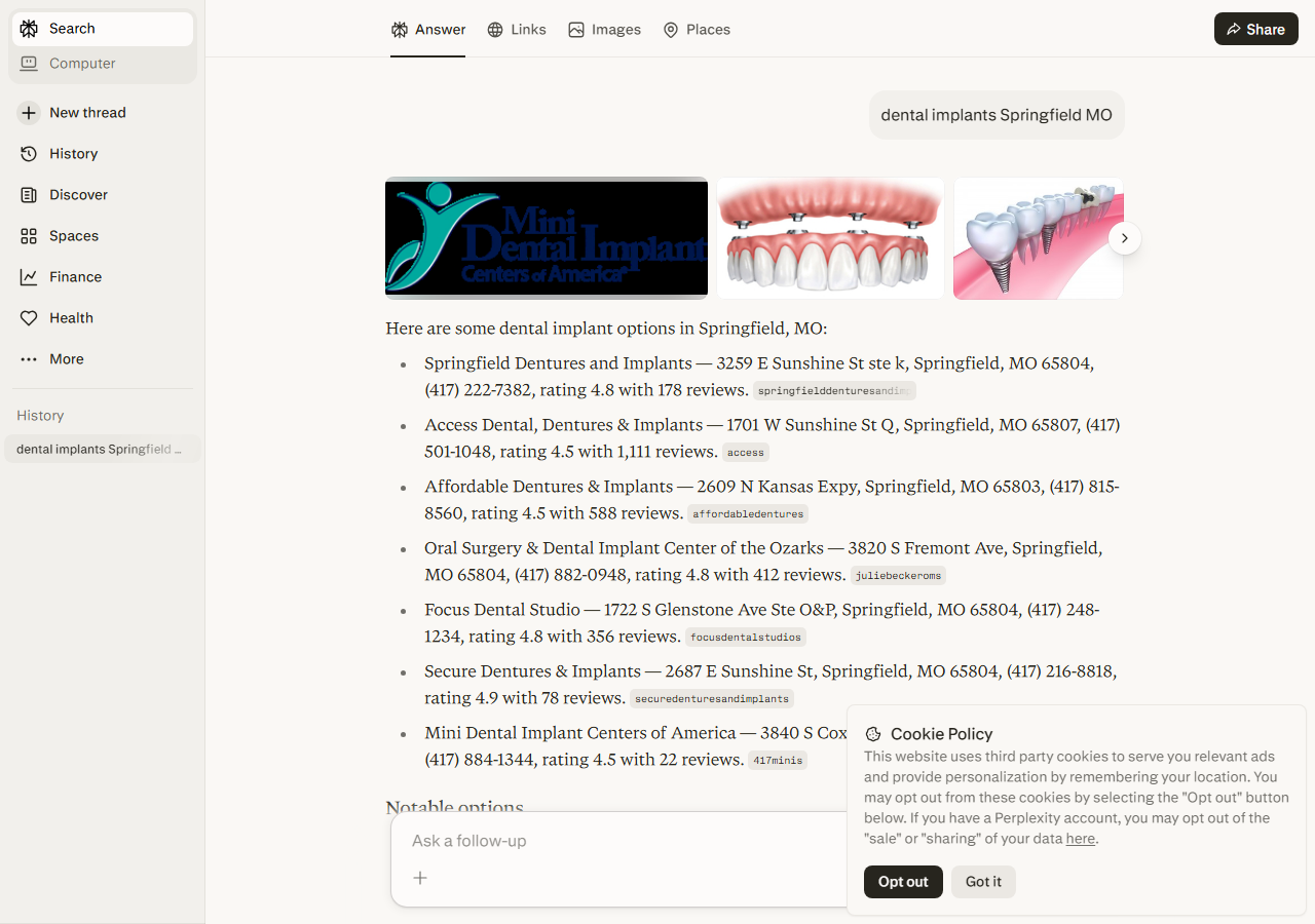 Perplexity results for dental implants Springfield MO